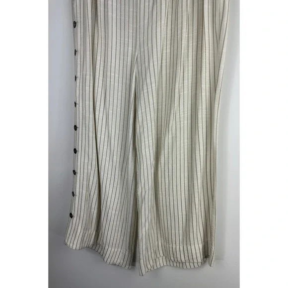 by Anthropologie Buttoned Wide Leg Pants Cream Stripe High Rise Ankle US Size 14 - Picture 7 of 13